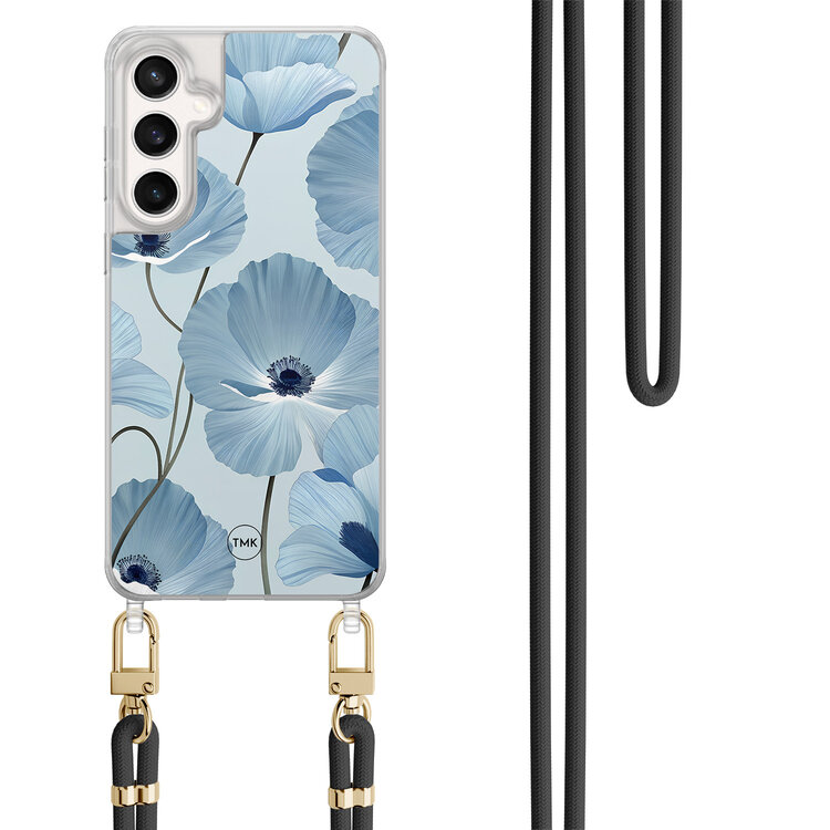 TMK Samsung Galaxy S23 FE hoesje met zwart koord - Blauw bloemenveld
