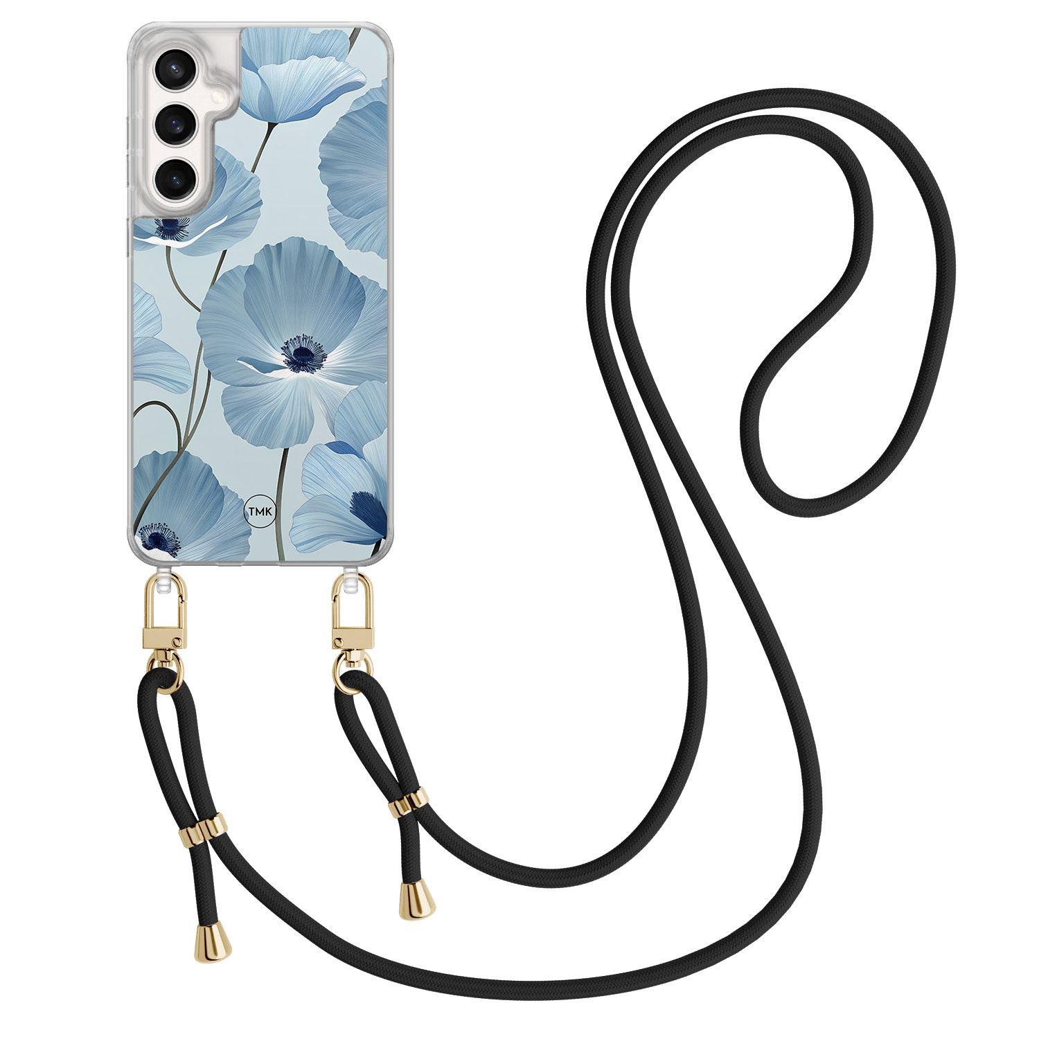 TMK Samsung Galaxy S23 FE hoesje met zwart koord - Blauw bloemenveld