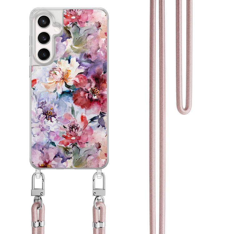 Casevibes Samsung Galaxy S24 FE hoesje met rosegoud koord - Bloemen acryl