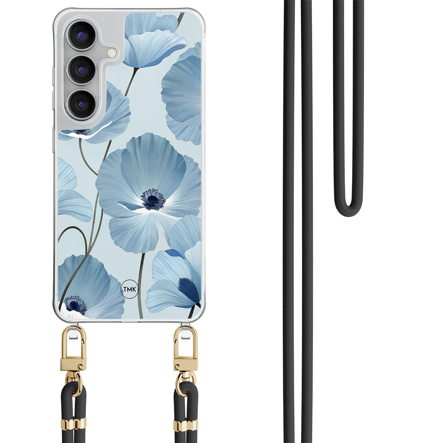 TMK Samsung Galaxy S25 FE hoesje met zwart koord - Blauw bloemenveld