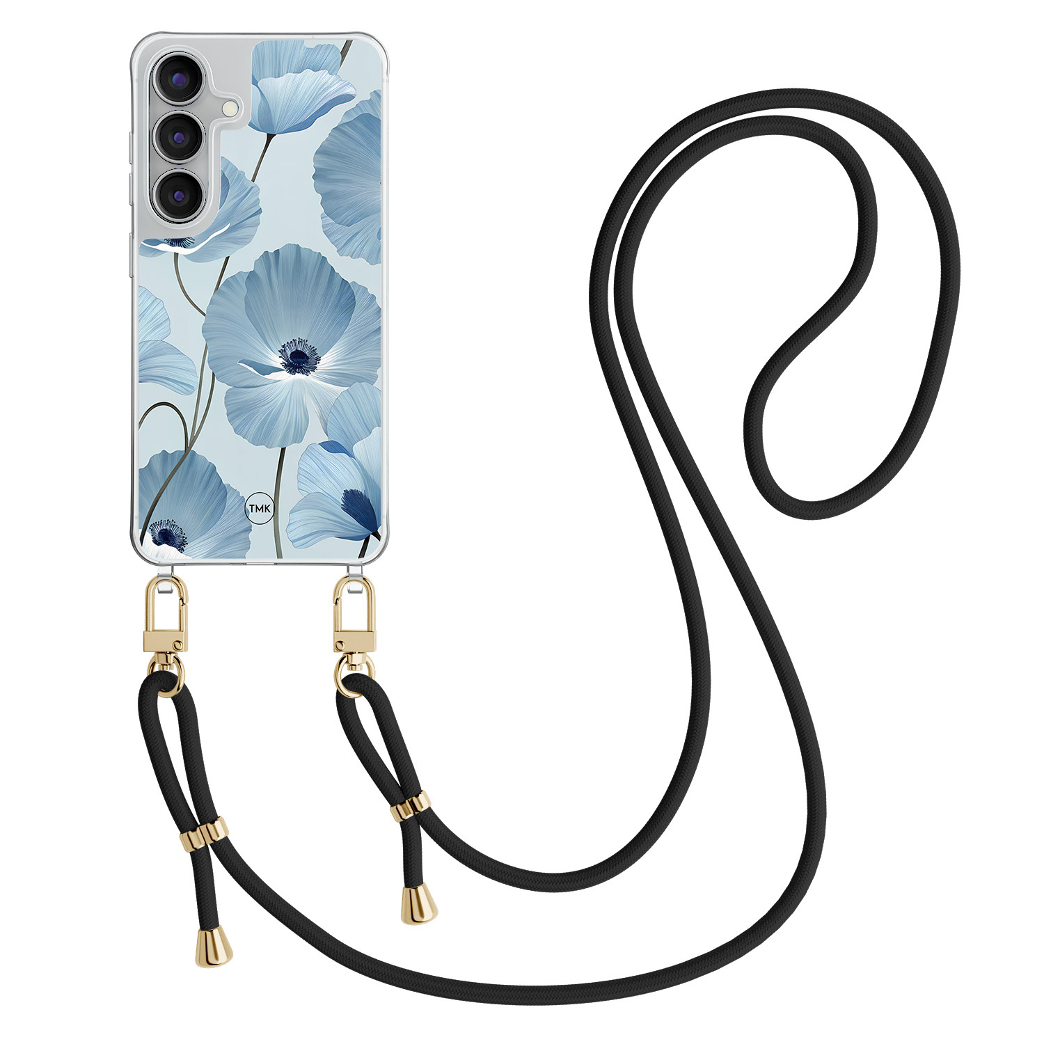 TMK Samsung Galaxy S25 FE hoesje met zwart koord - Blauw bloemenveld