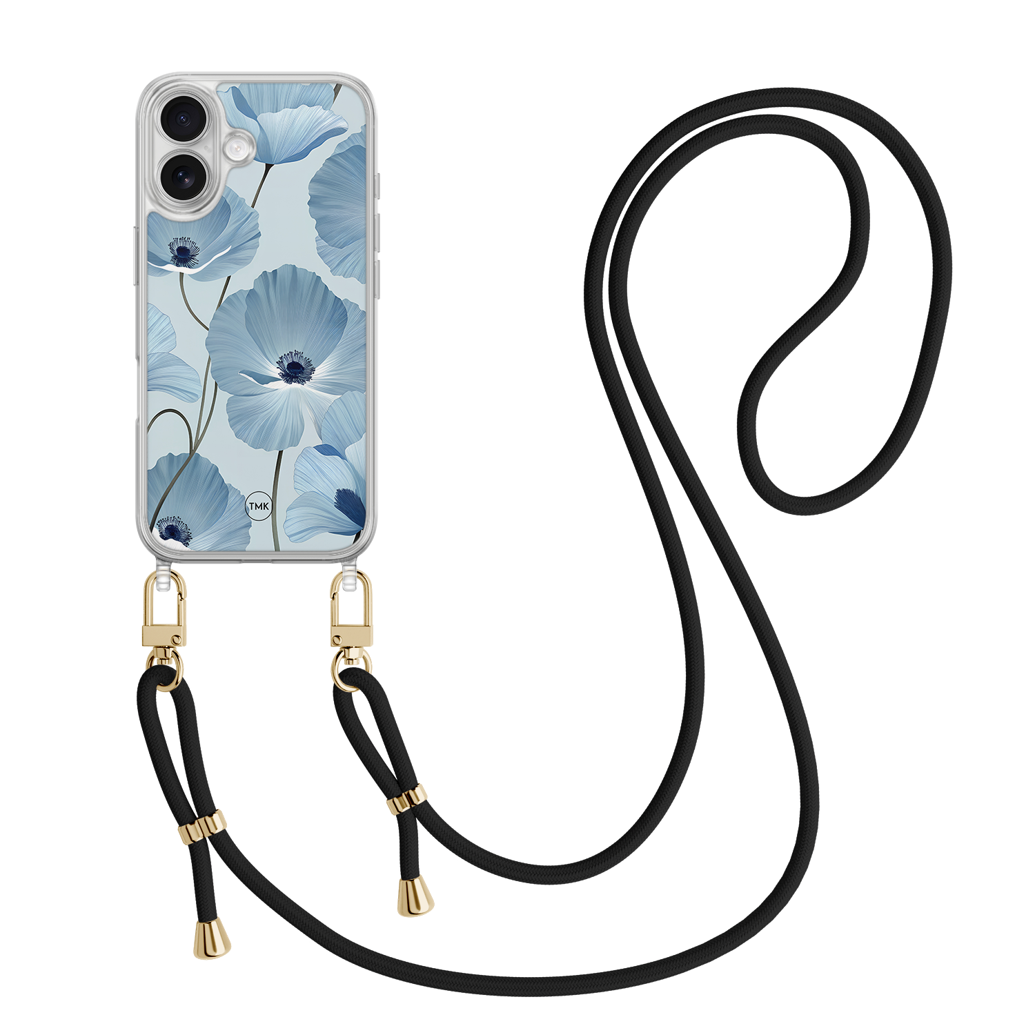 Casevibes iPhone 17 hoesje met zwart koord - Blauw bloemenveld