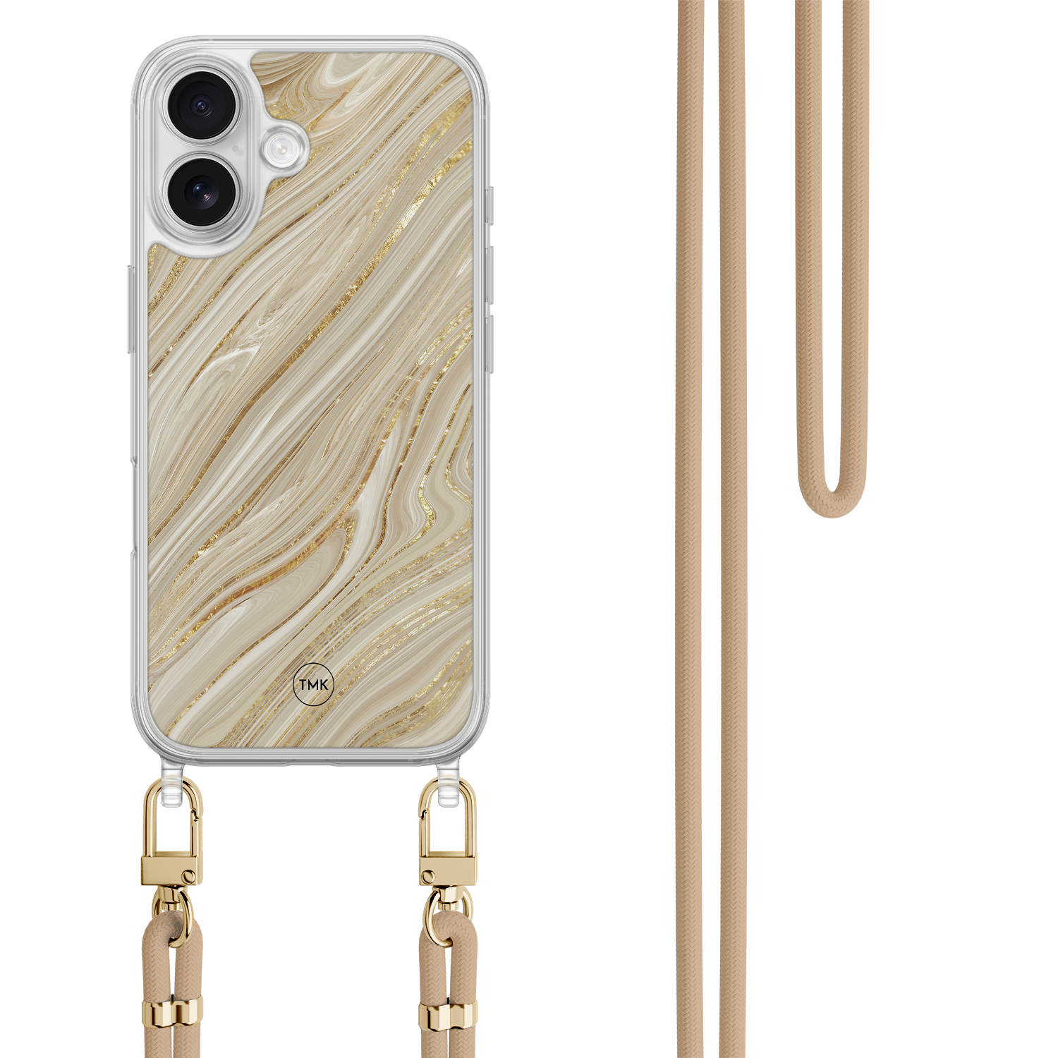 Casevibes iPhone 17 hoesje met beige koord - Golden marble