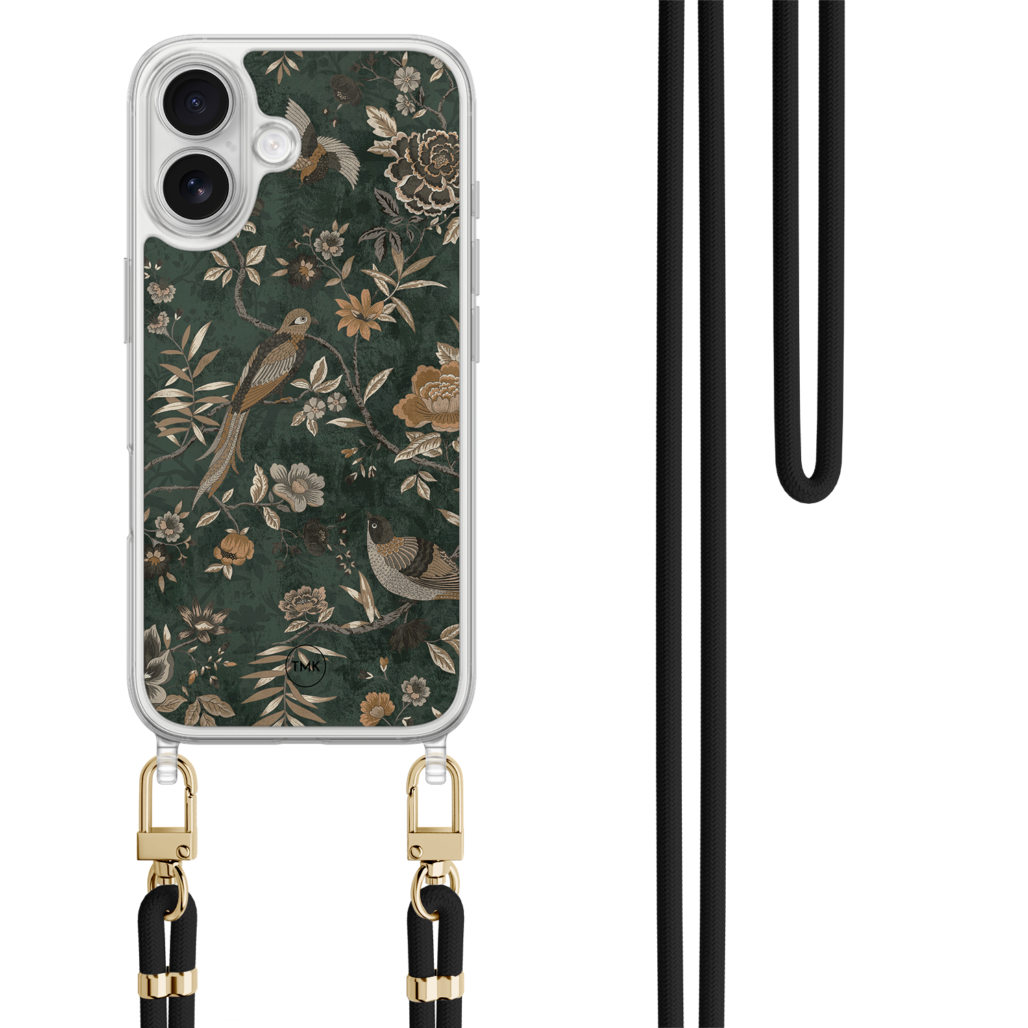 Casevibes iPhone 17 hoesje met groen koord - Khaki golden flowers