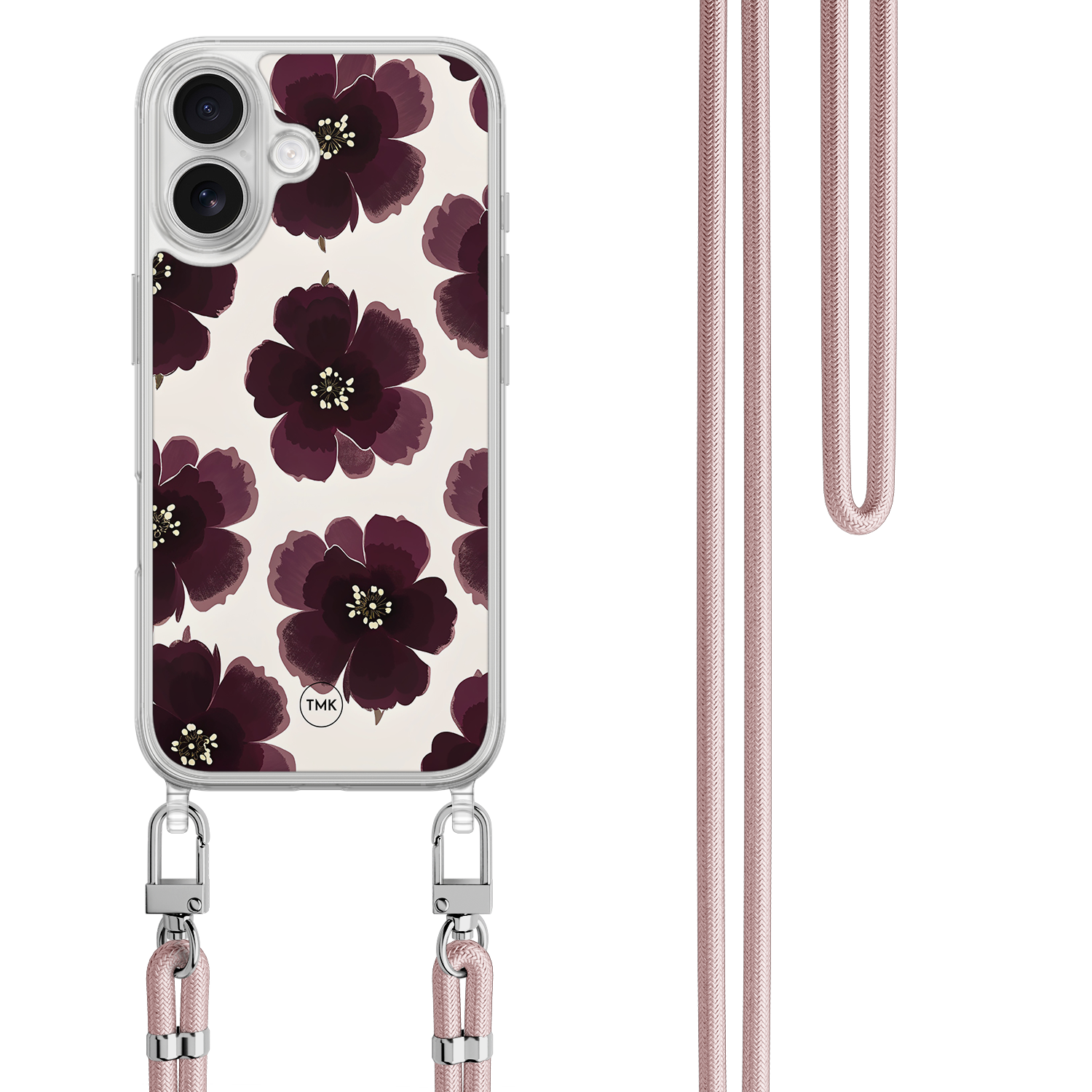 Casevibes iPhone 17 hoesje met zwart koord - Burgundy flowers