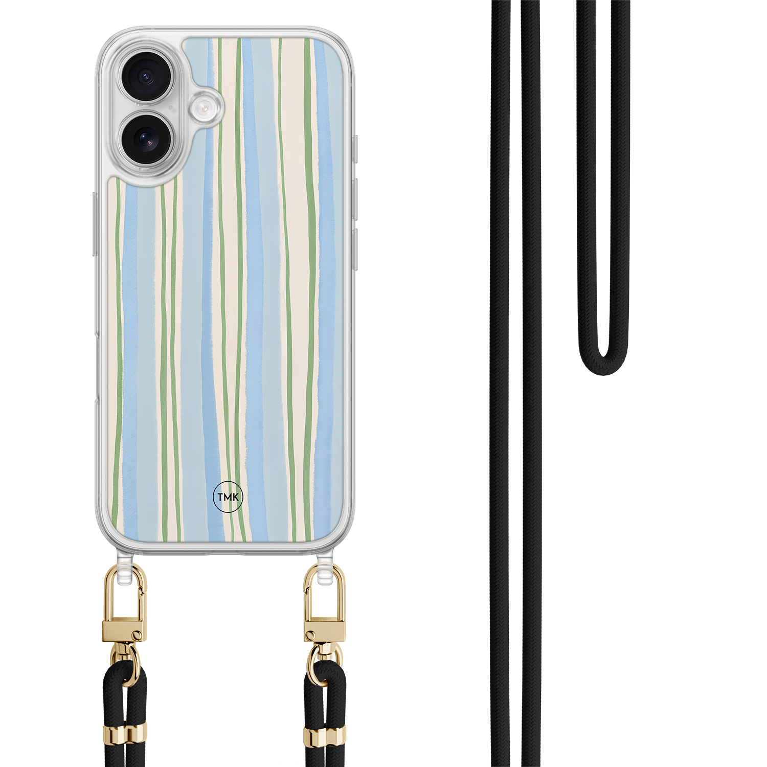 Casevibes iPhone 17 hoesje met zwart koord - Pastelblauwe strepen