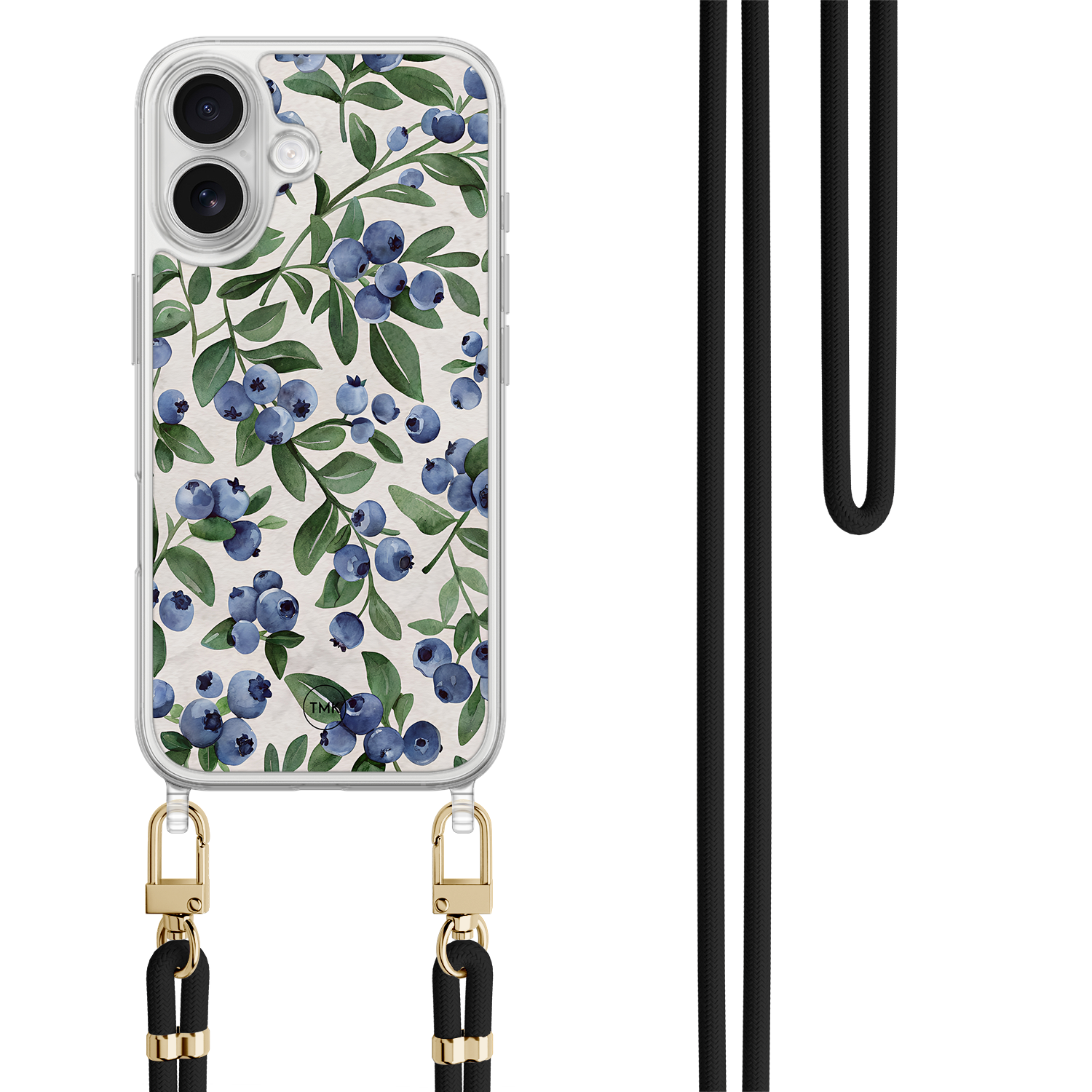 Casevibes iPhone 17 hoesje met zwart koord - Blueberries
