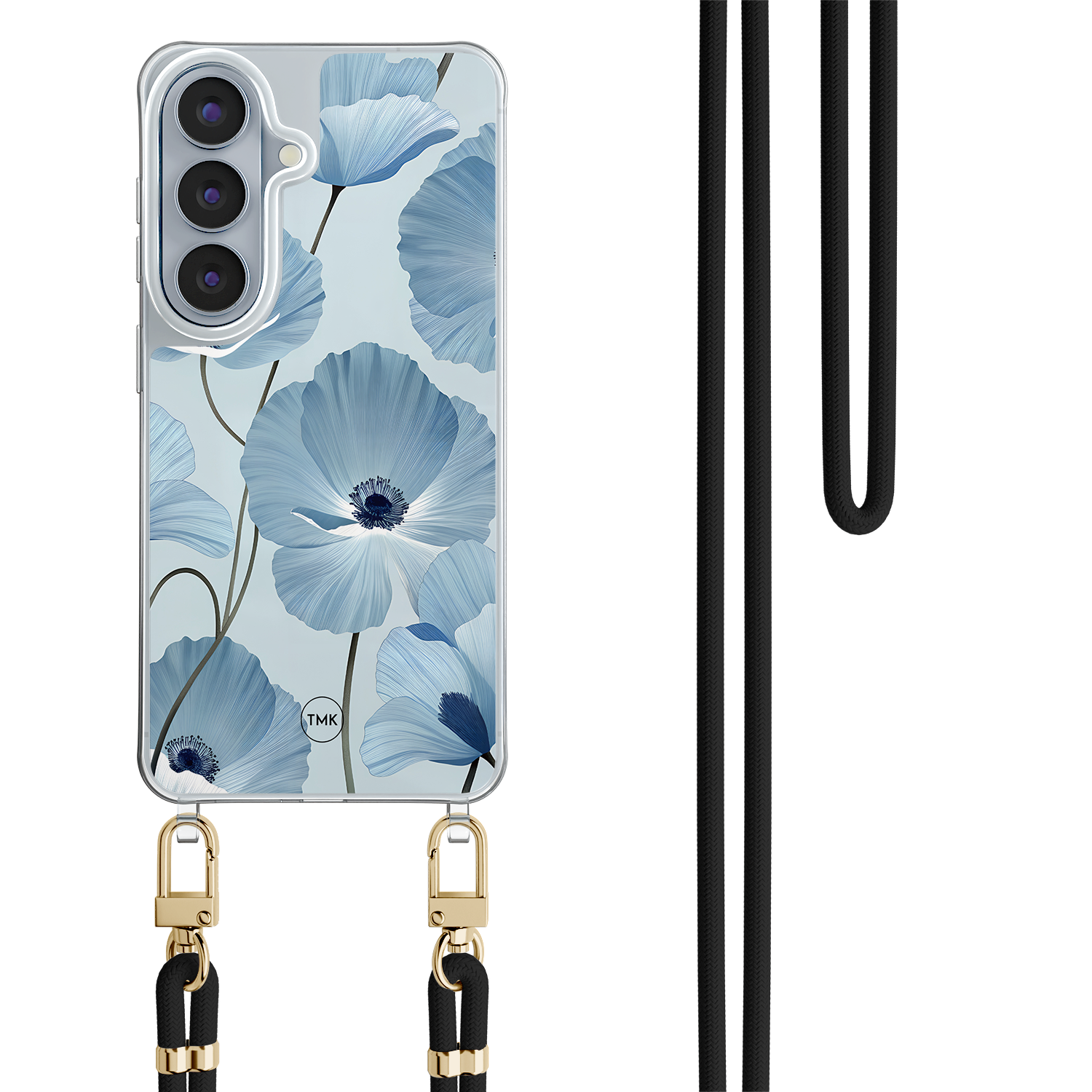 Casevibes Samsung Galaxy S26 hoesje met zwart koord - Blauw bloemenveld
