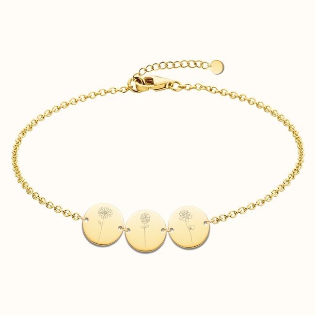 Drie coin armband met geboortebloemen