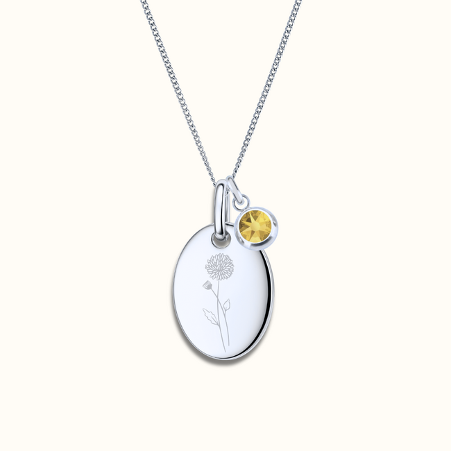 Ovale ketting met geboortesteen en geboortebloem