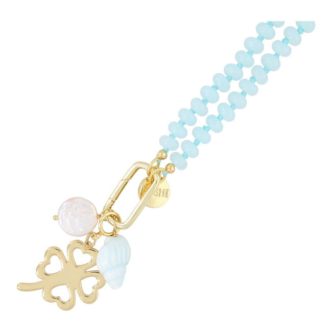 Fushi Fushi KETTING GLASKRALEN LICHTBLAUW GEKNOOPT DONUT 5X8MM MET CLIP EN BEDELS