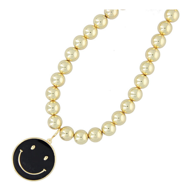 Fushi Fushi ketting 10mm 14krt verguld goud met zwarte smiley XXL