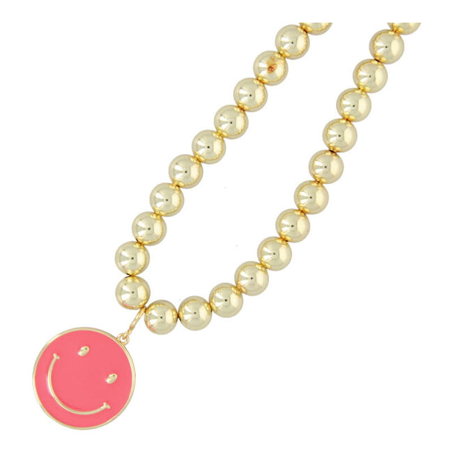 Fushi Fushi Ketting 10mm 14krt verguld goud met koraal smiley XXL