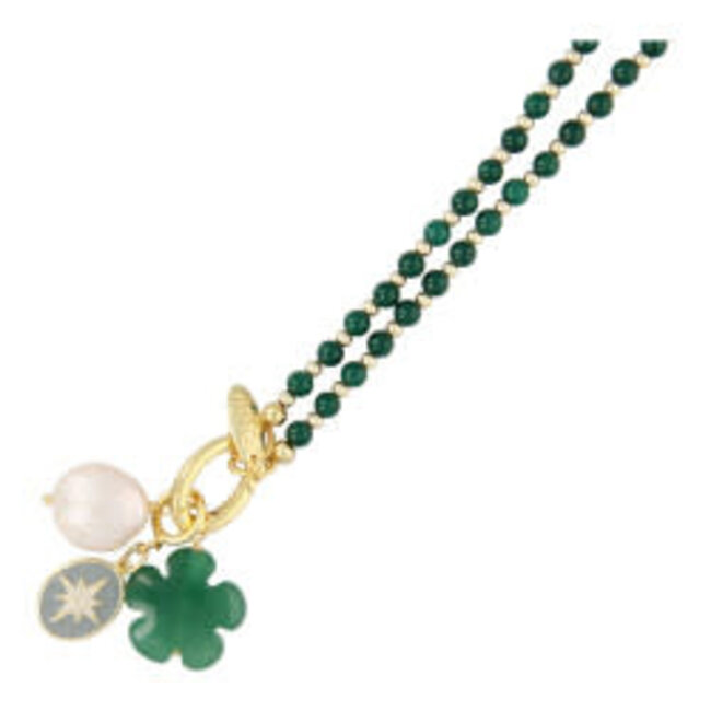 Fushi Fushi ketting 4mm steenkralen donkergroen met clip en bedels