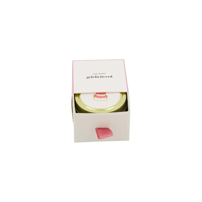 Zusss Geurkaars tinnen in schuifdoosje gefeliciteerd taart wit/roze