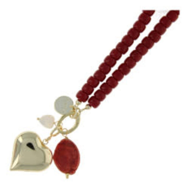 Fushi Fushi ketting glaskralen 6x8mm rood/bruin met clip en bedels