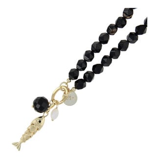 Fushi Fushi ketting  facet halfedelsteen zwart met clip en bedels