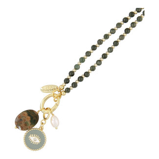 Fushi Fushi ketting steenkralen 4mm legergroen met clip en bedels