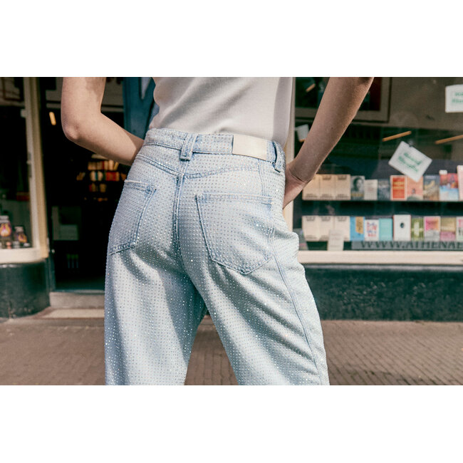 Homage HOMAGE - STRAIGHT JEANS WITH CURVED SEAMS AND STRASS - LIGHT VINTAGE WASH