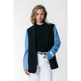 Colourful Rebel COLOURFUL REBEL - MIMMI DENIM CONTRAST SLEEVE SINGLE BREASTED BLAZER- BLACK