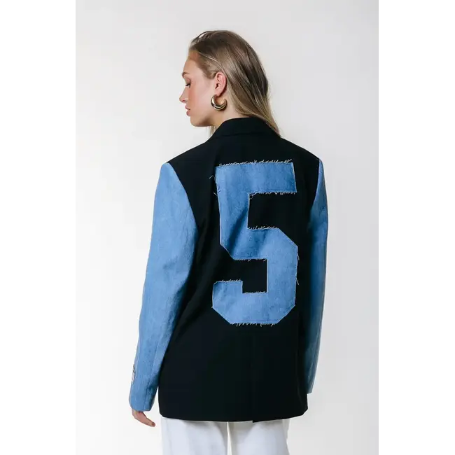 Colourful Rebel COLOURFUL REBEL - MIMMI DENIM CONTRAST SLEEVE SINGLE BREASTED BLAZER- BLACK