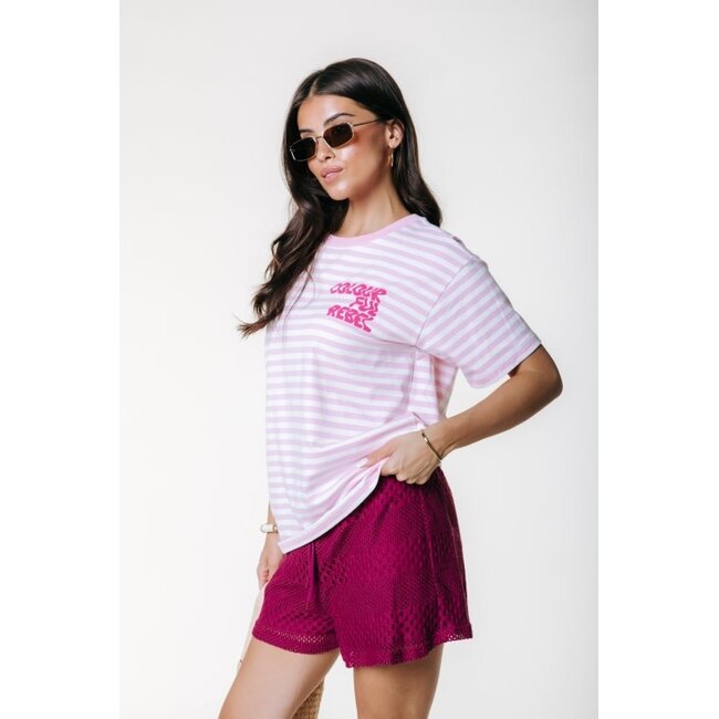 Colourful Rebel COLOURFUL REBEL - PUFF LOGO STRIPE LOOSEFIT TEE - LIGHT PINK