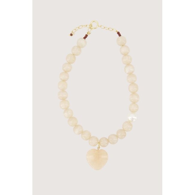 Zusss ZUSSS - CHUNKY BEAD NECKLACE WITH HEART CHARM - GREY OYSTER