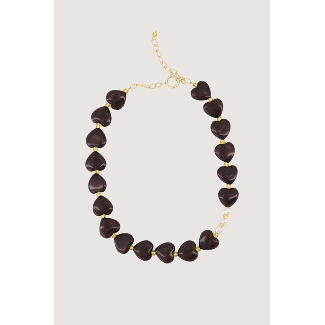 Zusss ZUSSS - HEART NECKLACE WITH PEARLS - DARK CHOCO