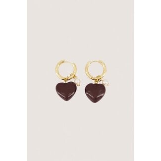Zusss ZUSSS - EARRING WITH HEART AND PEARL - DARK CHOCO