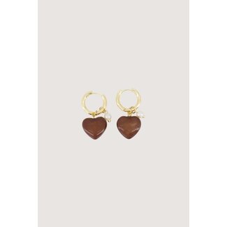 Zusss ZUSSS - EARRING WITH HEART AND PEARL - HAZELNUT