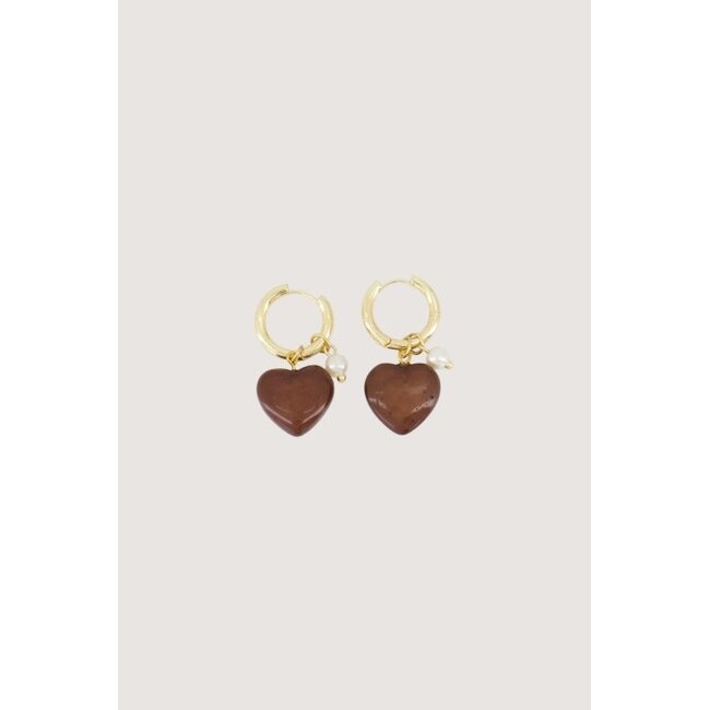 Zusss ZUSSS - EARRING WITH HEART AND PEARL - HAZELNUT