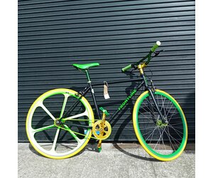 Frontline Bikes Black Fixie with green and yellow wheels Frontline Bikes