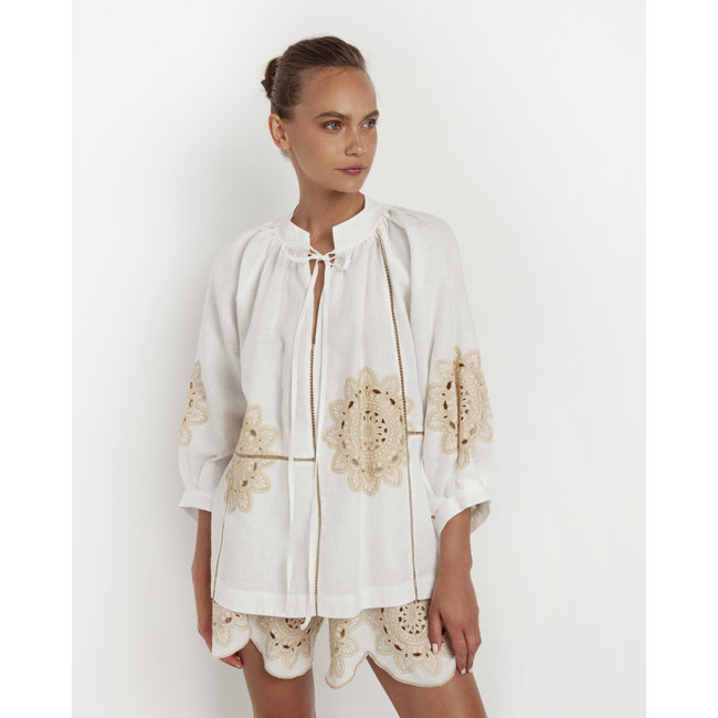 Greek Archaic Kori TUNIC CUT DAISY DOUBLE L/S STRINGS 100% LINEN EMBR WHITE/CREAM 3276