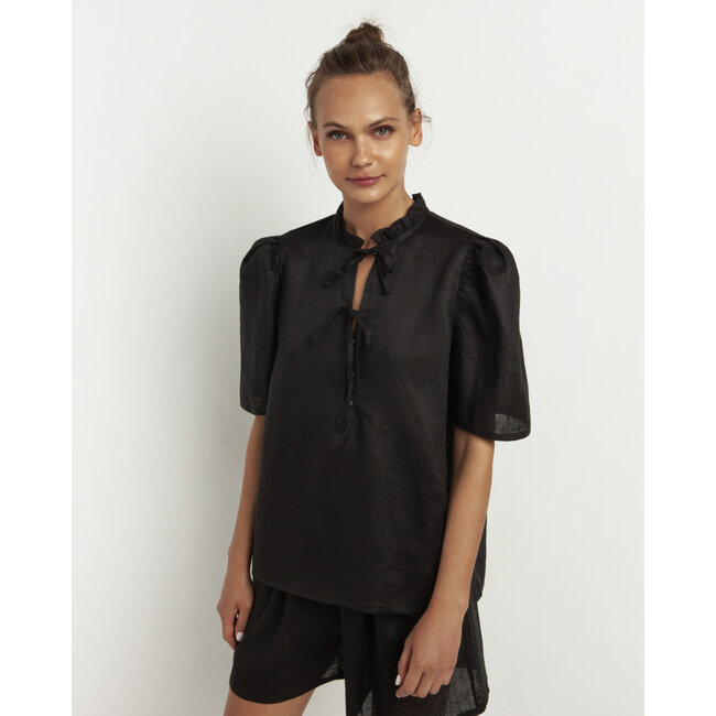 Greek Archaic Kori BLOUSE STRINGS RUFFLES S/S 100% LINEN BLACK