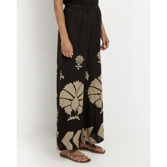 Greek Archaic Kori TROUSERS PEACOCK 100% LINEN EMBR. 100% POLY CHARCOAL/GOLD