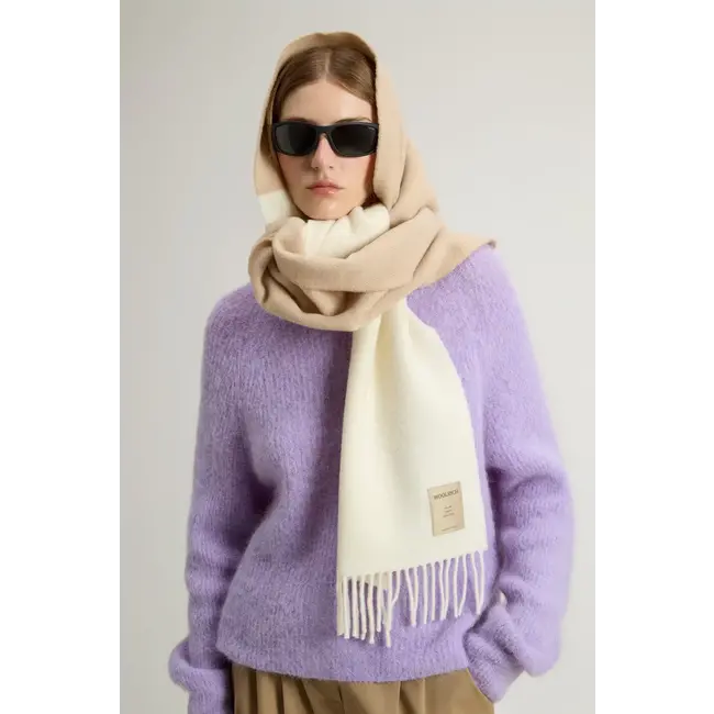 WOOLRICH COLOR BLOCK WOOL SCARF OXFORD TAN