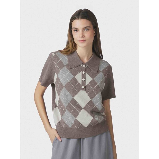 Neo Noir GIA CHECK KNIT BLOUSE DARK TAUPE