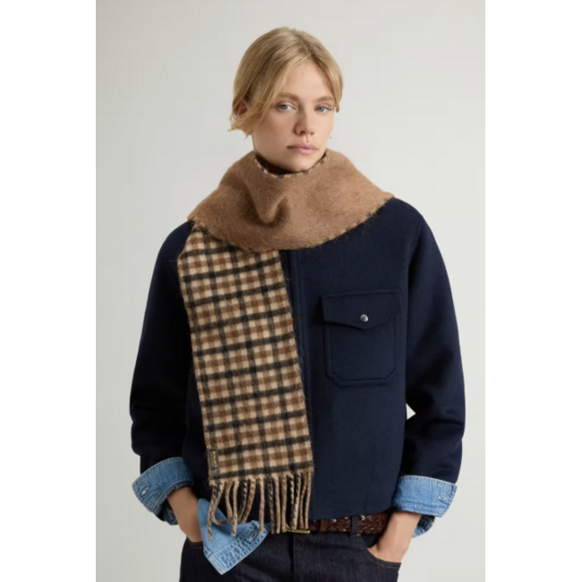 WOOLRICH WOOL CHECK SCARF GOLD KHAKI