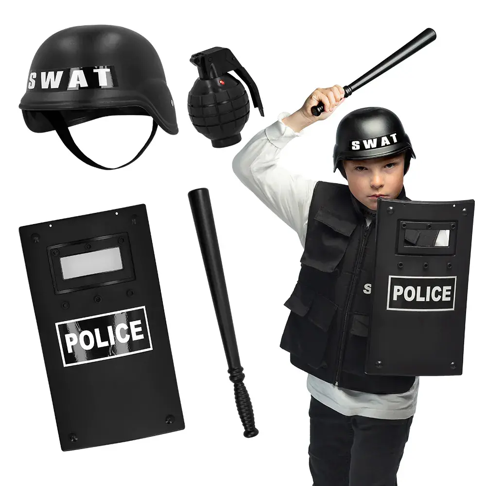 Kinderset SWAT Polizeihelm, Schild 40 cm, Schläger 40 cm und Granate 8,5 cm  - Partywinkel