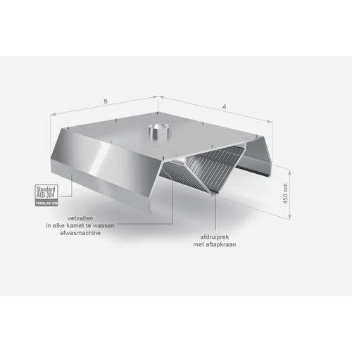 INOXI Stainless steel central trapezoid extractor hood | 1400x1600x(h)450 mm