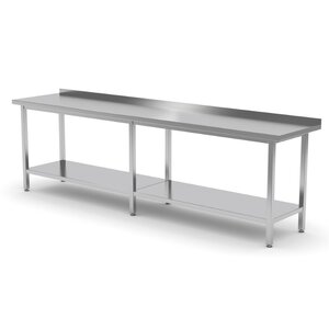 INOXI Stainless steel work table with splashback and undershelf | 2100x700x(h)850 mm