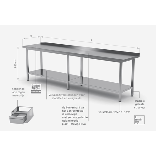 INOXI RVS Werktafel + Bodemschap + Spatrand HEAVY DUTY 2500(b)X700(d)X850(h)mm