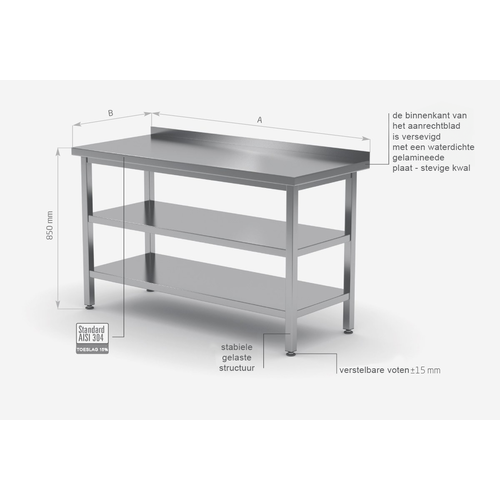 INOXI Werktafel RVS + Bodemschap + Tussenschap + Rand 1000(b)X700(d)X850(h)mm