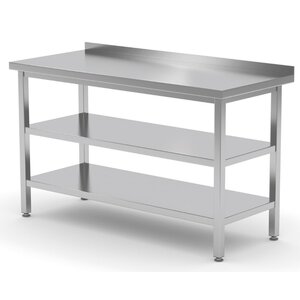 INOXI Stainless steel work table with splashback and two undershelves | 1400x600x(h)850 mm
