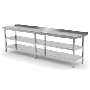 INOXI Stainless steel work table with splashback and two undershelves | 2300x600x(h)850 mm