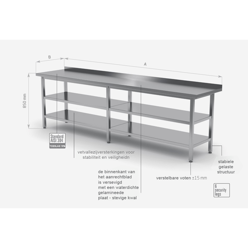 INOXI Werktafel RVS + Bodemschap + Tussenschap + Rand 2400(b)X600(d)X850(h)mm