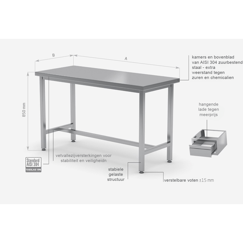 INOXI RVS Werktafel + Steunbalk HEAVY DUTY 1700(b)X800(d)X850(h)mm