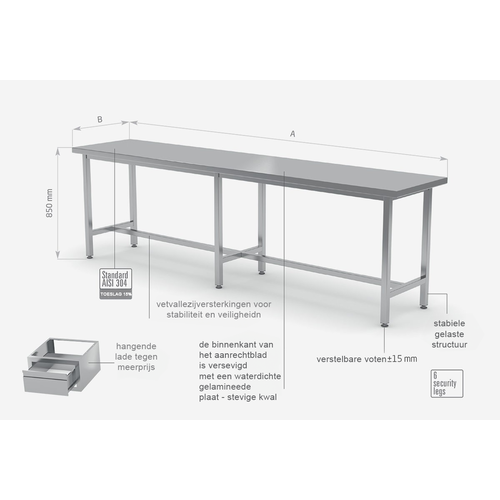 INOXI RVS Werktafel + Steunbalk HEAVY DUTY 2800(b)X700(d)X850(h)mm