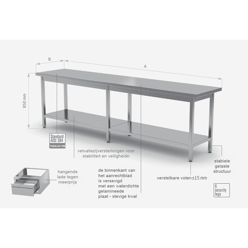 INOXI Centrale werktafel RVS + Bodemschap HEAVY DUTY 2100(b)X800(d)X850(h)mm