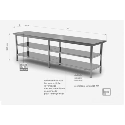 INOXI Stainless steel centre work table without splashback with two undershelves | 2800x700x(h)850 mm